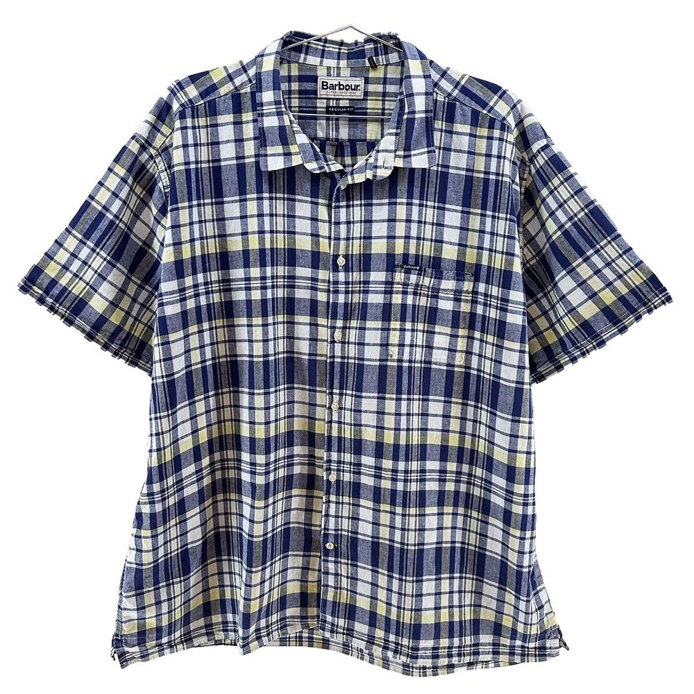 BARBOUR Linen Blend Plaid Short‎ Sleeve Button Up Shirt • XXL Reg • blue, yellow